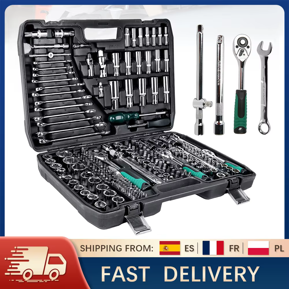 Ensemble d'outils mécaniques 216 pièces, jeux de clés à douille 1/4 "3/8" 1/2 "avec clé à cliquet à 