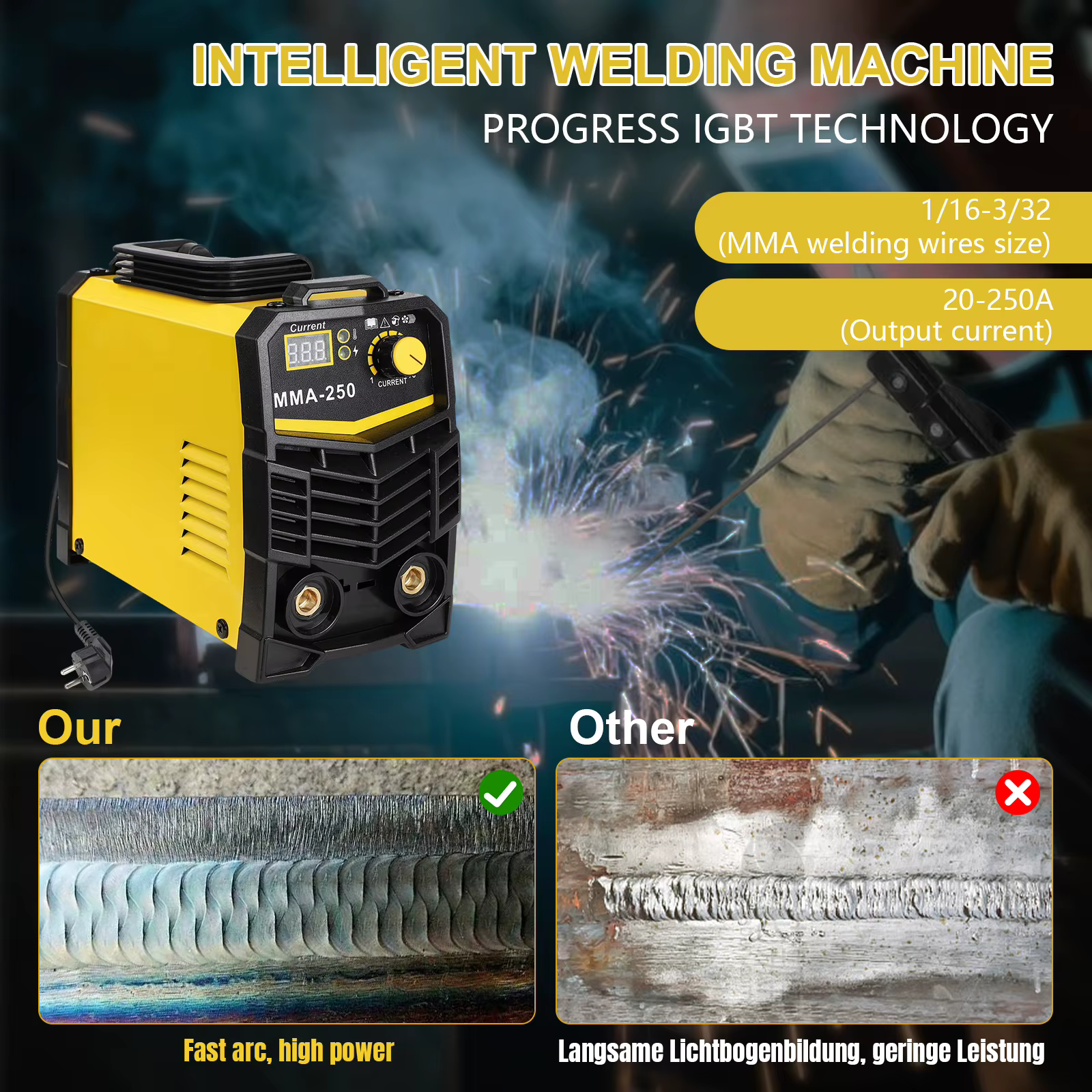 Machine à souder à onduleur 250A, 220V IGBT, soudeur électrique LCD avec porte-électrode, masque de