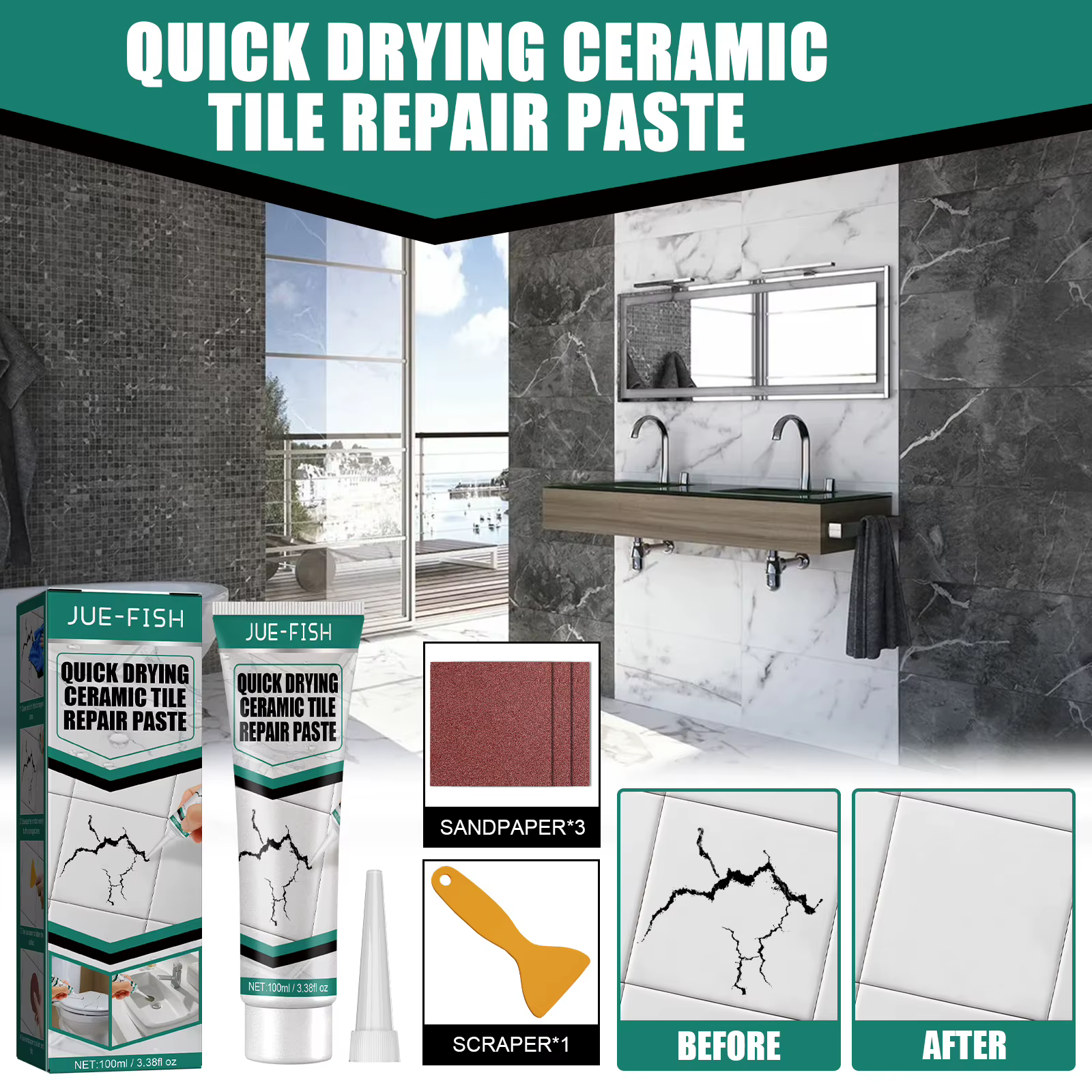Jue-Fish Quick Drying Non-Toxic Strong Sticky Tiles Cracks Adhesive Glue Multipurpose Waterproof Cer