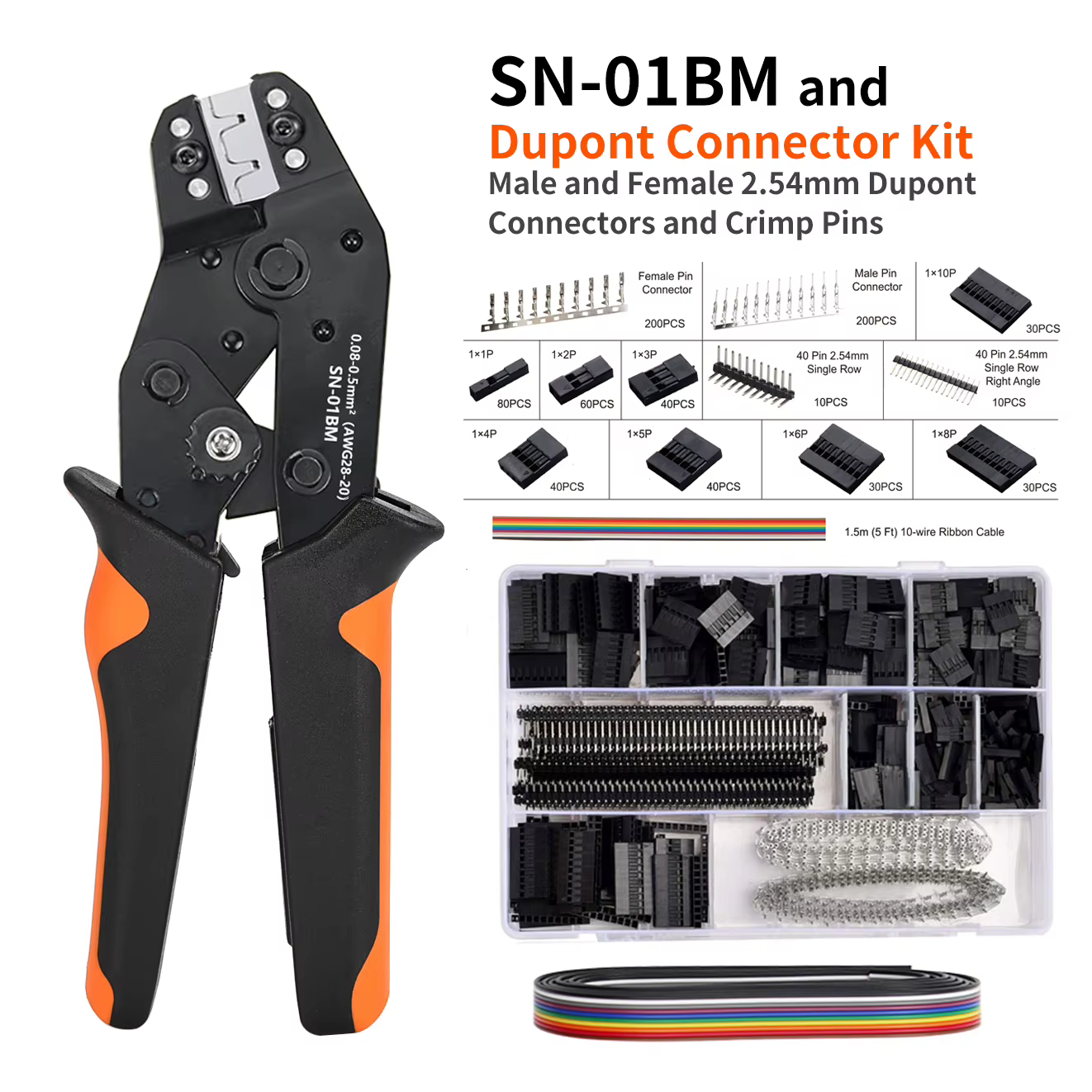 SN-01BM Kit d'outils de sertissage pince à sertir à cliquet avec 1550 connecteurs Dupont 2.54mm et 7