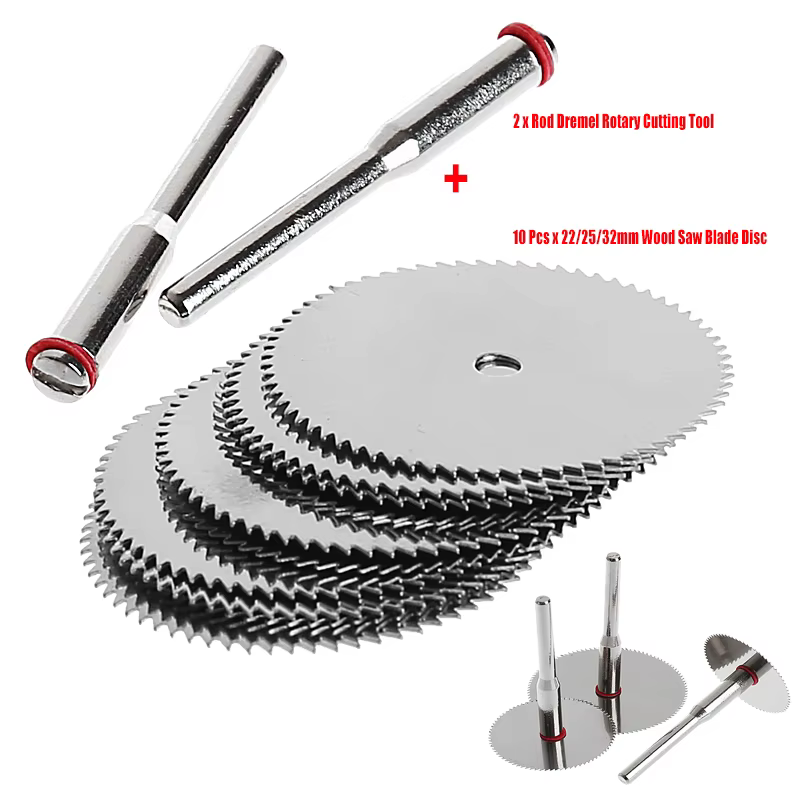 Disque de lame de scie à bois 10 pièces/ensemble + 2 tiges outil de coupe rotatif Dremel 22mm/25mm/3