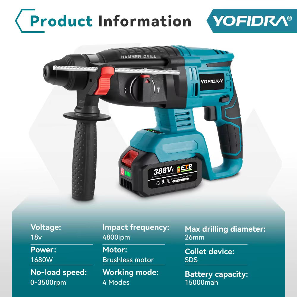 YOFIDRA 26mm marteau rotatif électrique sans brosse sans fil multifonctionnel marteau à percussion p