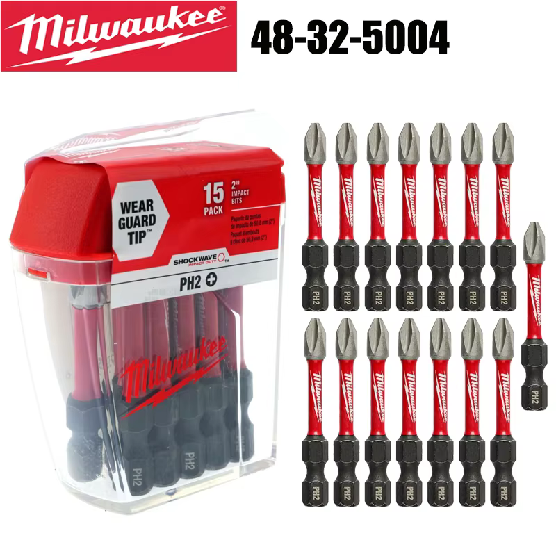 Embouts d'impact Milwaukee PH2 2" (50 mm) – Lot de 15 – Shock Wave 50X LIFE avec boîte en plastique 