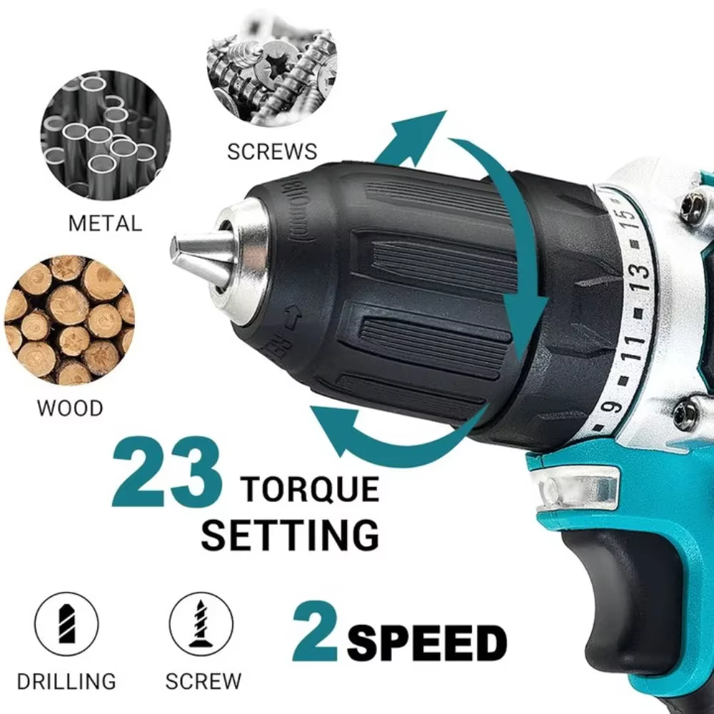 Perceuse électrique sans balais de 10mm, perceuse à main sans fil, tournevis, 2 vitesses, 23 réglage