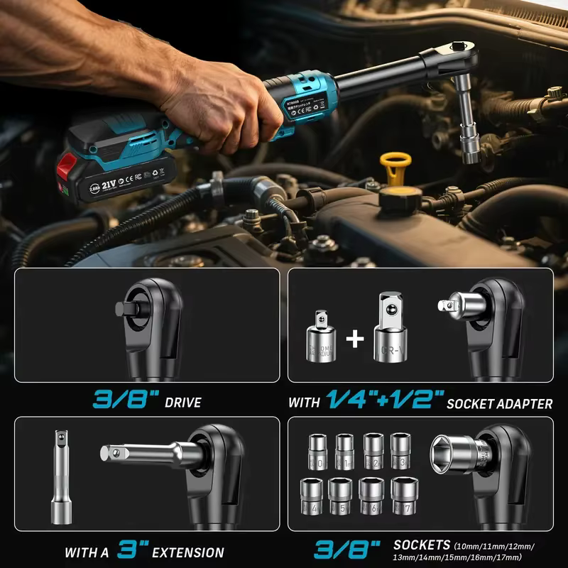 Seesii 3/8 "21V clé électrique sans fil 80Nm 6.3 ''clé à cliquet électrique étendue clé d'angle Rech