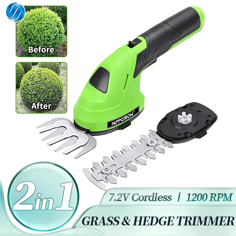HIPPCRON Kit de taille-haie électrique portable 2-en-1 sans fil, tondeuse à main pour herbe et arbus