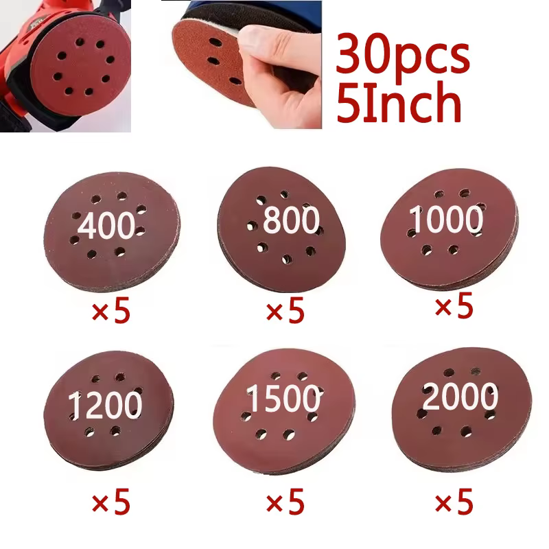30 pièces 5 pouces 8 trous disques abrasifs crochet et boucle papier de verre adhésif 125MM pour pon