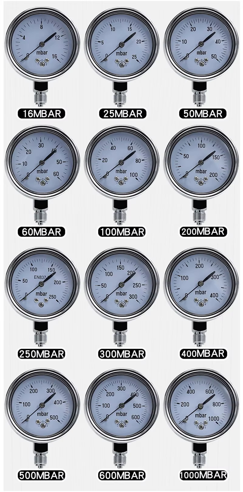 Jauge de pression de gaz réglable, manomètre calibrable, 50mbar, 60mbar, 100mbar