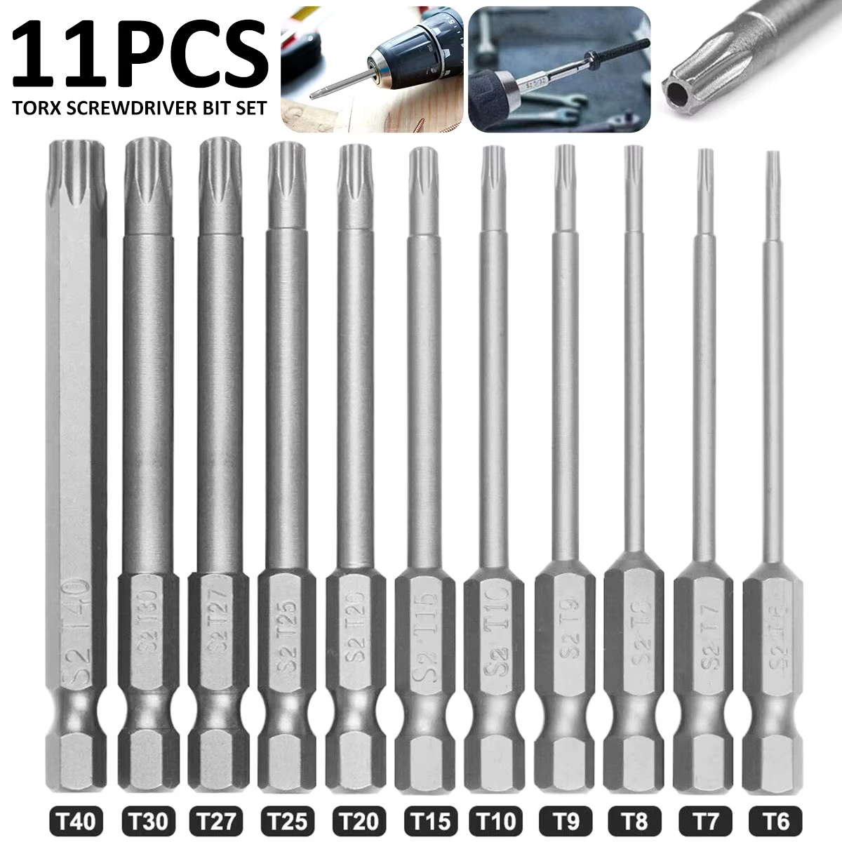 Jeu d'embouts de tournevis Torx 1/4 pouces, étoile magnétique professionnelle S2, tige hexagonale en