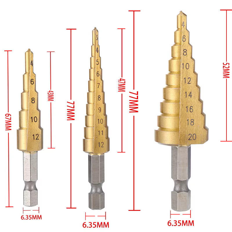 3 pièces 3-12mm 4-12mm 4-20mm HSS rainure droite étape foret ensemble titane enduit bois métal trou