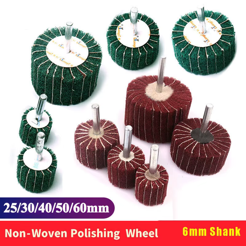 Roue de ponçage à lamelles Non tissées, tige de 6MM, tampon à récurer Abrasive en Fiber, polissage,