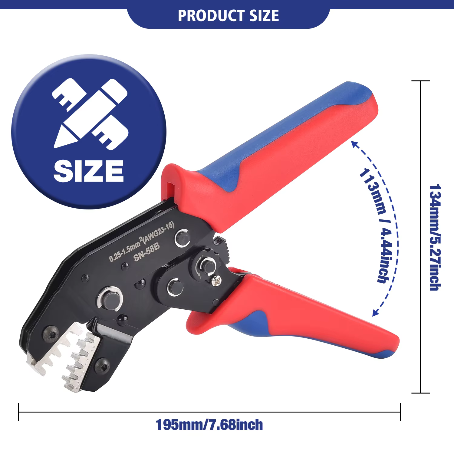 Outil de sertissage à baril ouvert Non isolé SN-58B 23-16 AWG /0,25-1,5 mm2, bornes Dupont Molex JST
