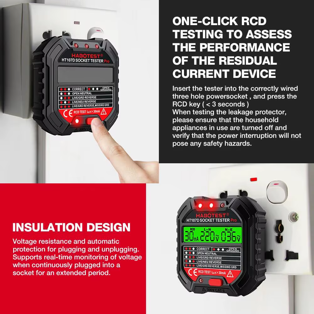 HABOTEST HT107 Pro testeur de prise Test de tension détecteur de prise ue terre zéro ligne prise pol