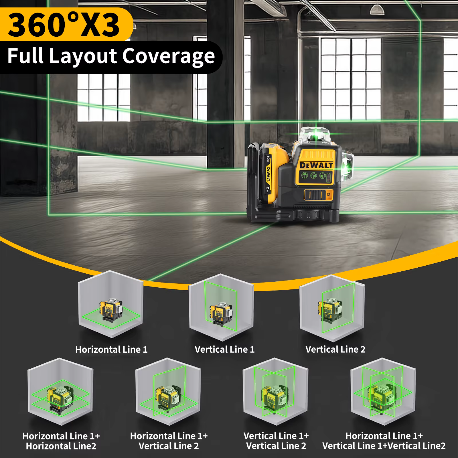 Niveau laser DEWALT DW089 12V Li-Ion 12 lignes 3×360 ° Faisceau vert autonivelant vertical et horizo