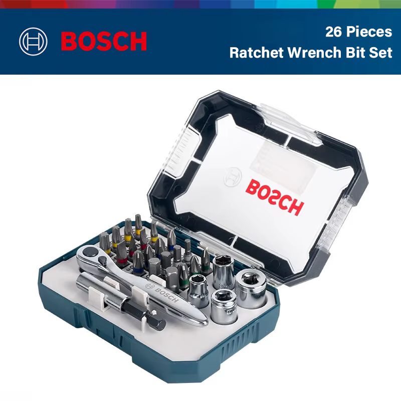 ‌ Bosch Jeu d'embouts de tournevis 26 pièces avec tournevis électrique et mini clé à cliquet