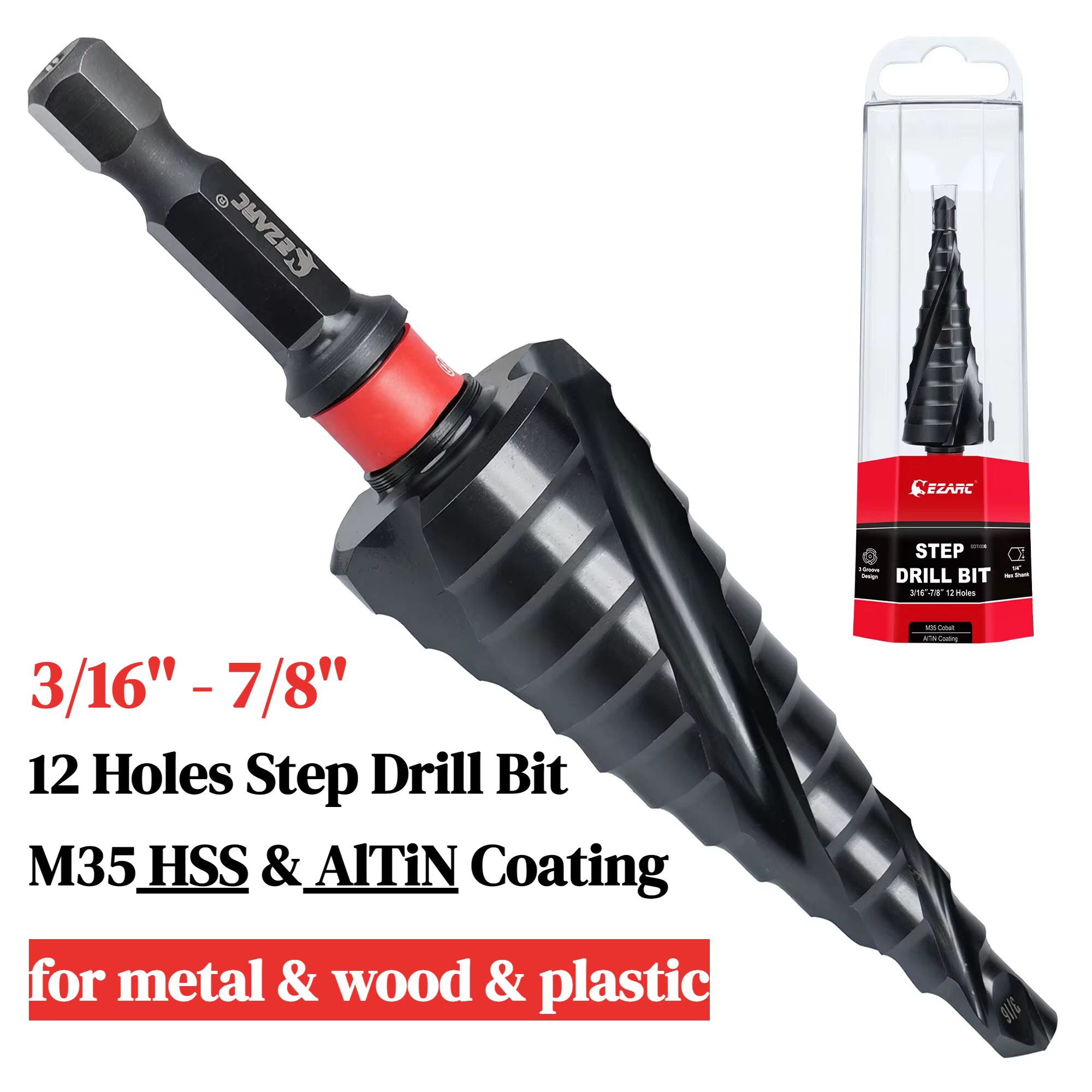 Foret étagé EZARC M35 HSS Cobalt AlTiN pour métal, tige hexagonale 1/4'', foret étagé spiralé Unibit