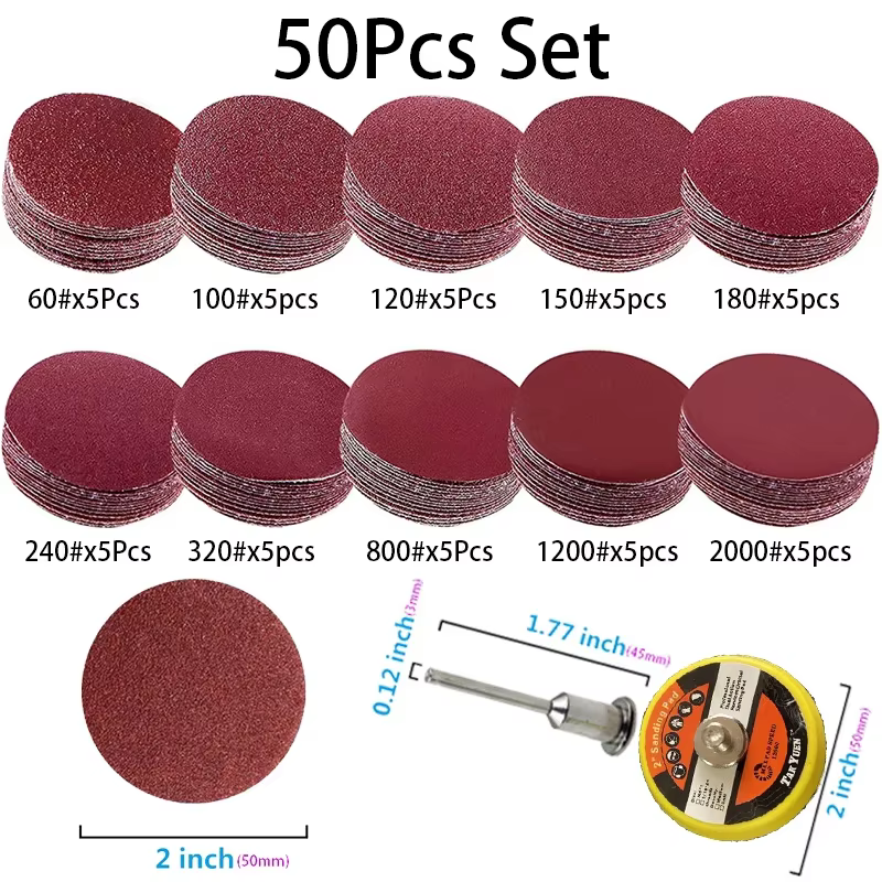 Kit de disques de ponçage de 2 pouces, 50 à 100 pièces, pour perceuse, meuleuse, outils rotatifs, av