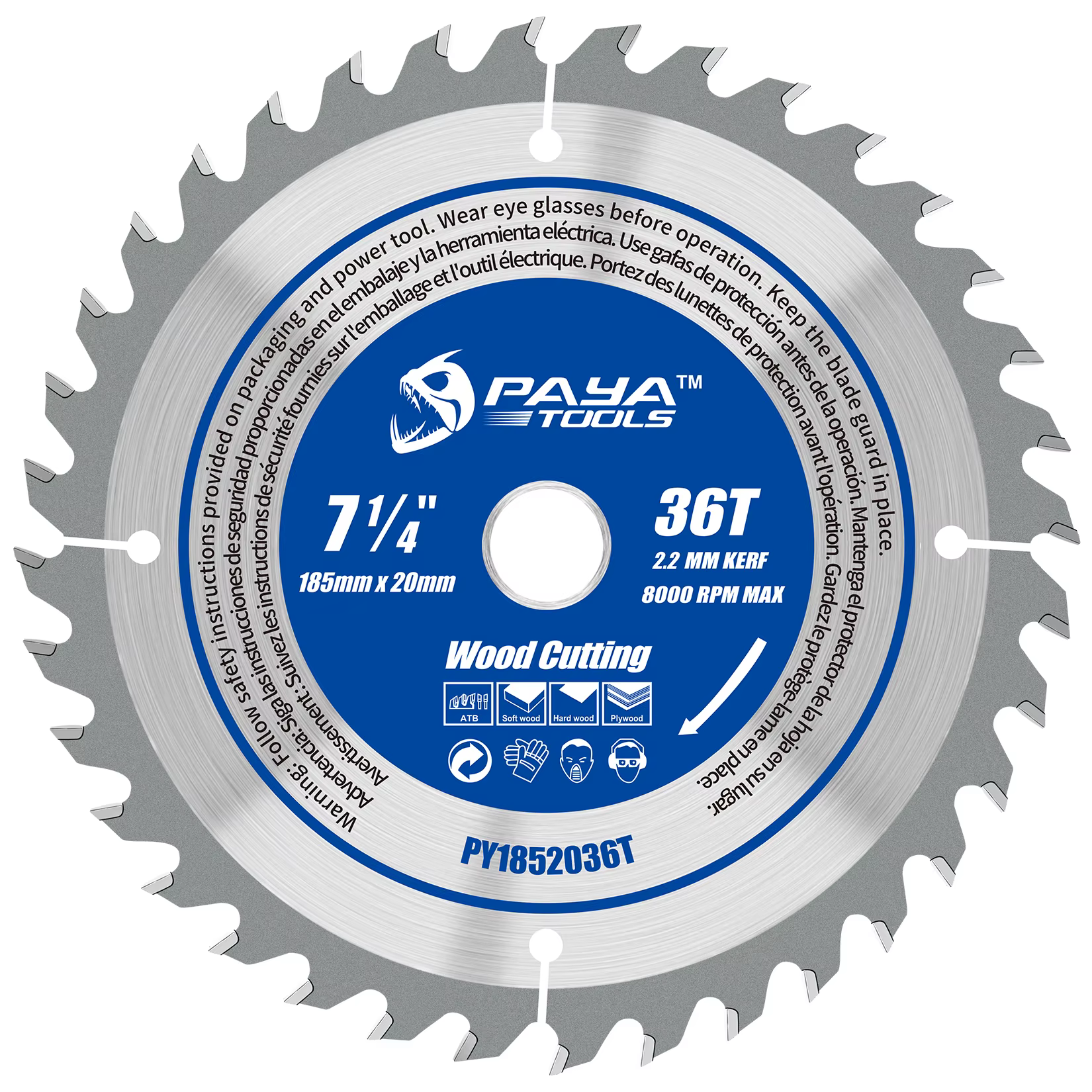 Lame de scie circulaire PAYA 185 mm (7-1/4 pouces) à 36 dents TCT ATB pour charpente, alésage 20 mm,