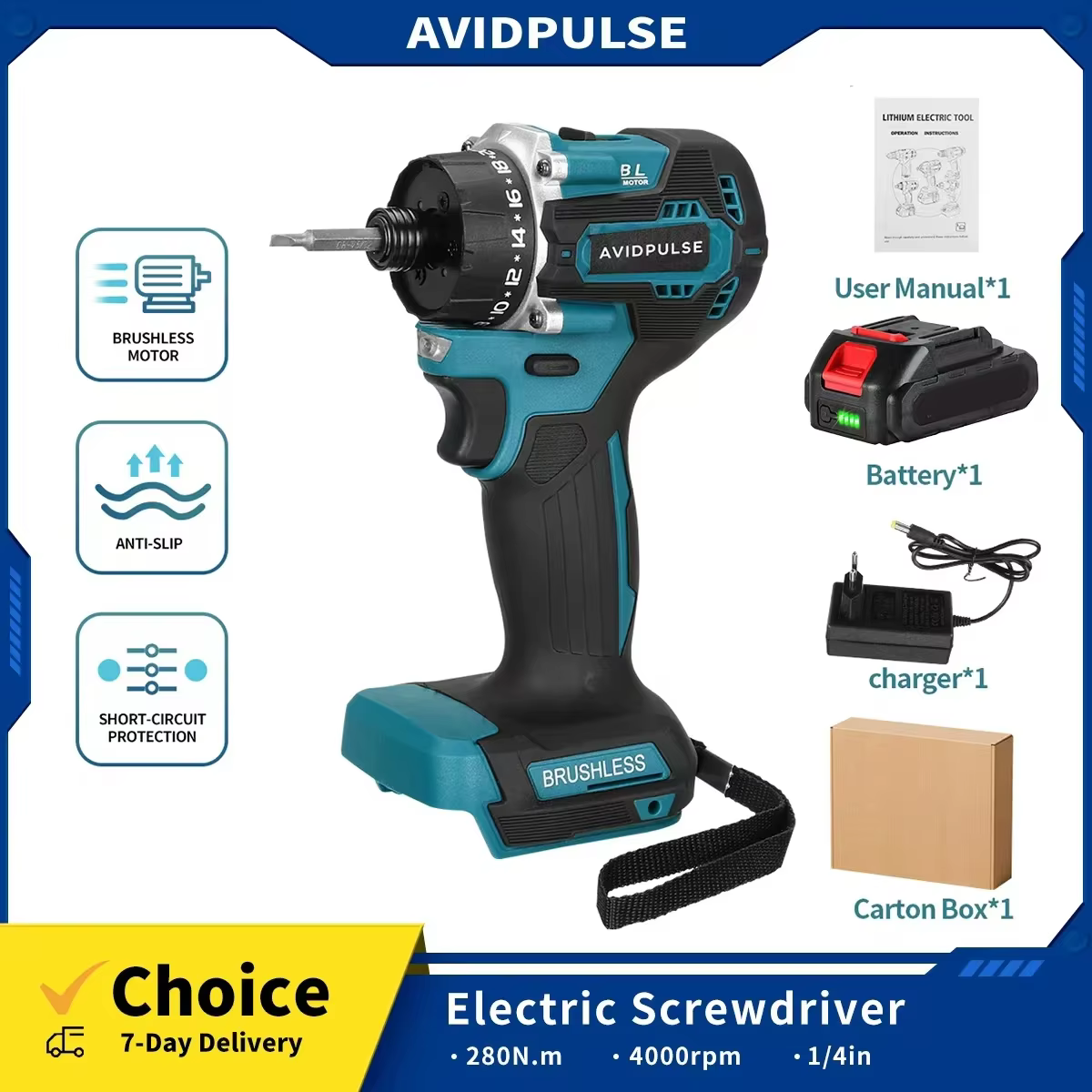 AvidPulse 20 + 1 couple 1/4 pouces tournevis électrique sans brosse sans fil 280N.m perceuse électri