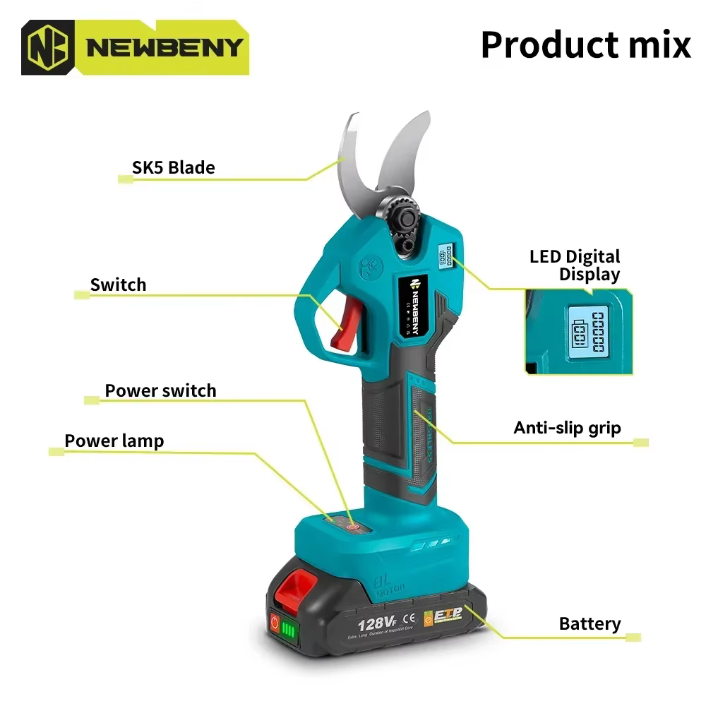 NEWBENY – sécateur électrique sans balais, 30mm, 4 vitesses, sans fil, pour jardin, arbres fruitiers