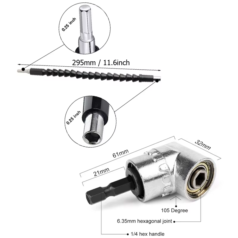 Adaptateur de perceuse à Angle droit de 105 degrés 1/4 pouces et Extension de foret Flexible pour to