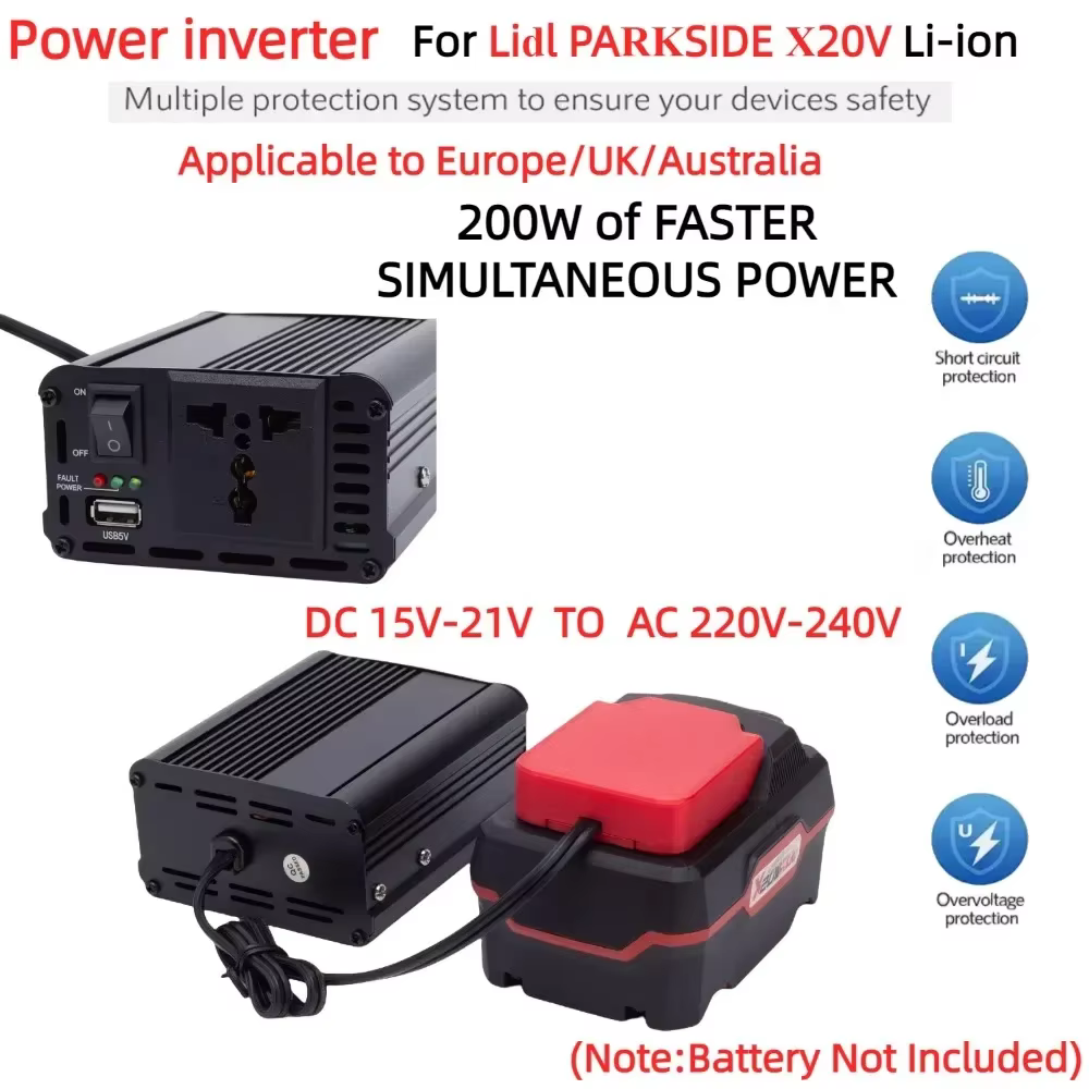 Onduleur de puissance Portable 200W pour batterie Lidl PARKSIDE X20V, alimenté DC 18V à AC 220V avec