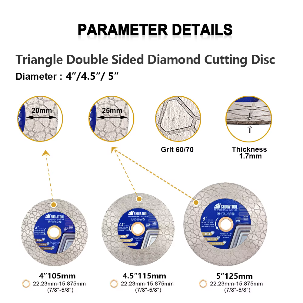 SHDIATOOL diamant disque de coupe 105/115/125mm Triangle Double face meule lame de scie carreaux de