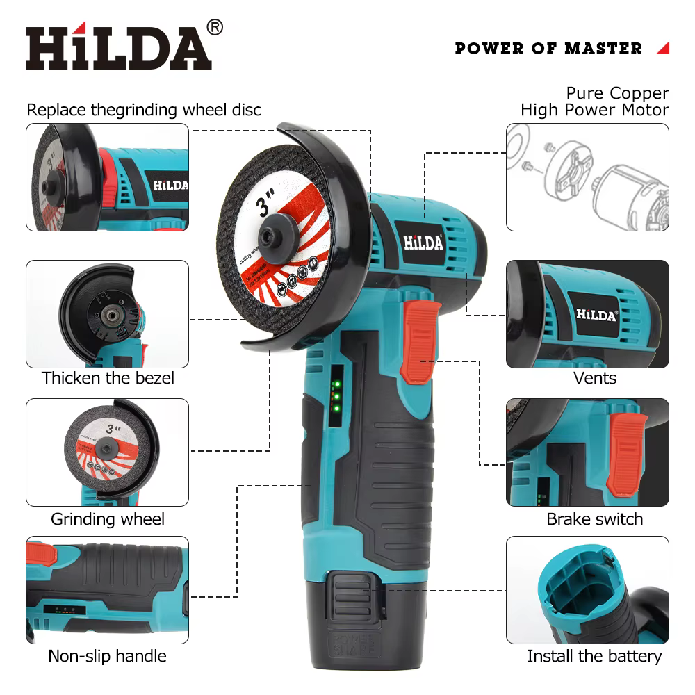 HILDA 3 pouces Mini meuleuse d'angle 12v outil électrique sans fil pour couper le polissage et le me
