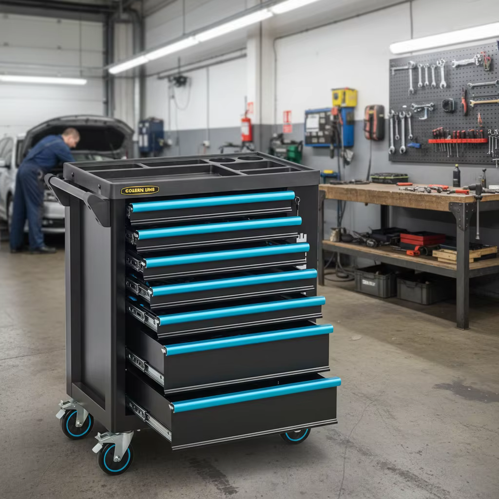 Chariot d'atelier à 7 tiroirs, armoire à outils roulante verrouillable en acier pour kit de réparati