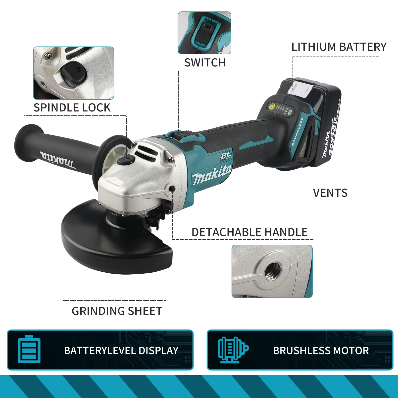Makita DGA506 18V 125mm meuleuse d'angle de charge Machine de polissage électrique Machine de meulag