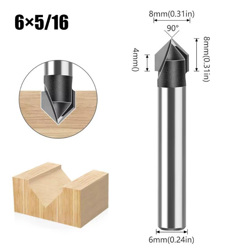 Fraise à rainurer en V pour bois, 90 degrés, queue de 1/4" et 1/2", à tranchant de coupe aiguisé, po