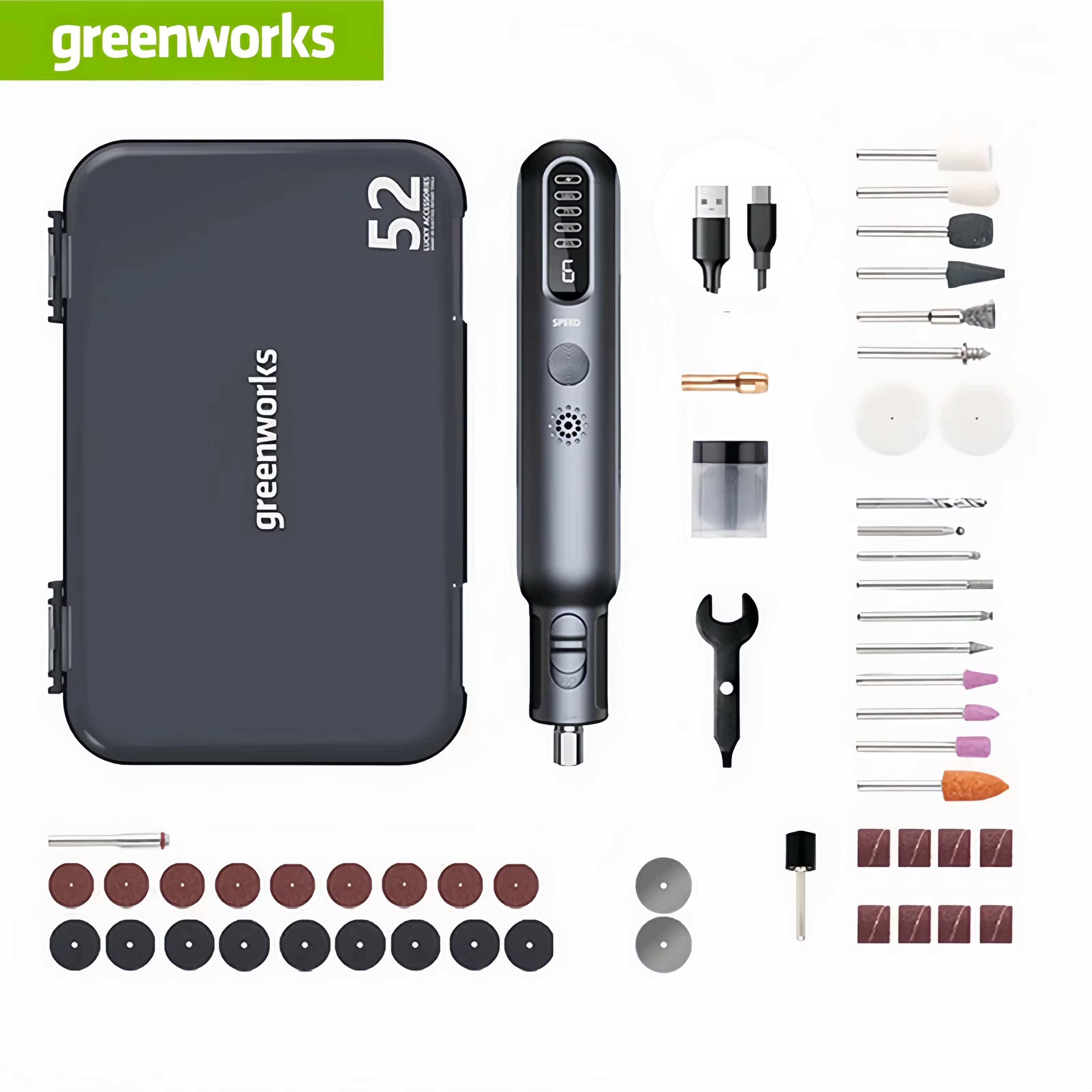 Mini-meuleuse sans fil Greenworks 8V 80W 52 pièces, outils rotatifs, charge USB, pour meulage, décou