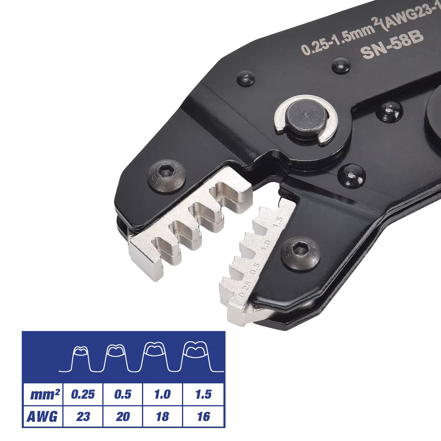 Outil de sertissage à baril ouvert Non isolé SN-58B 23-16 AWG /0,25-1,5 mm2, bornes Dupont Molex JST