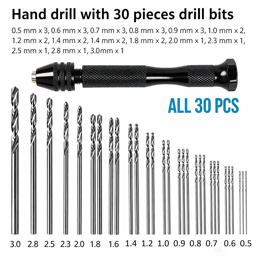 Mini perceuse à main avec 30 mini-forets hélicoïdaux de 0,5 mm à 3,0 mm, kit de perçage de précision