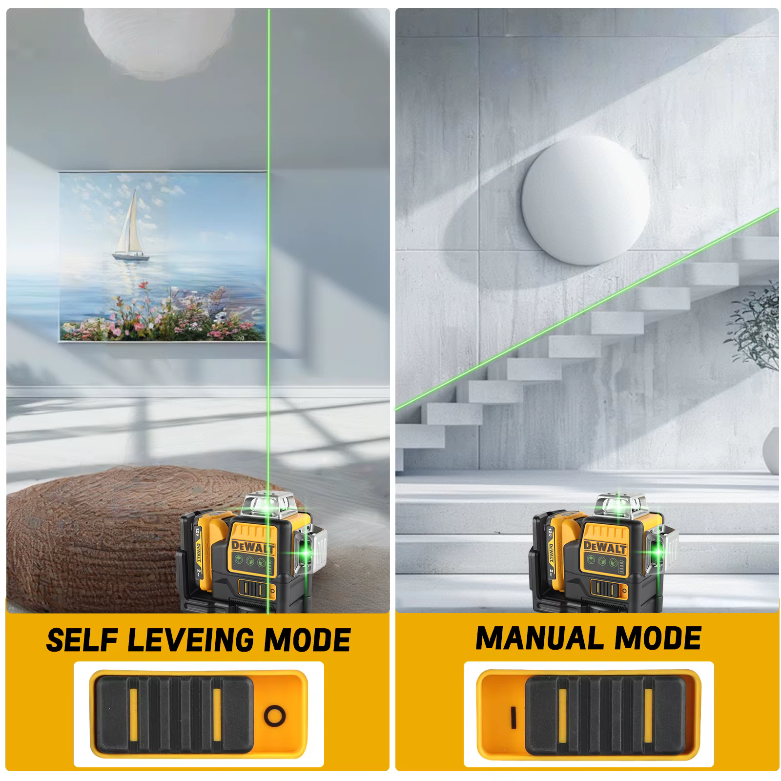 Niveau laser DEWALT DW089 12V Li-Ion 12 lignes 3×360 ° Faisceau vert autonivelant vertical et horizo
