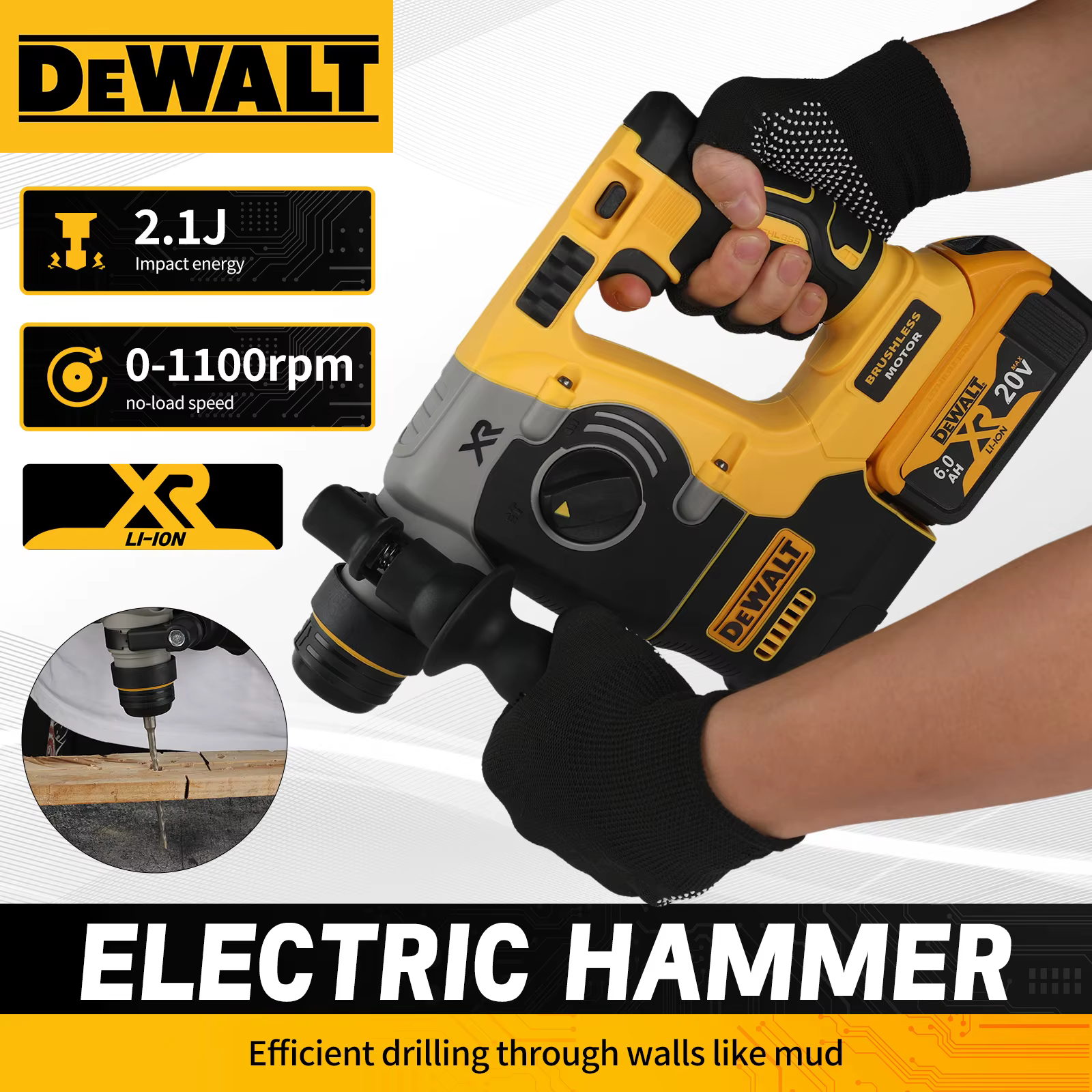 DEWALT DCH273 Marteau rotatif sans balais, batterie 20 V 6,0 Ah, énergie d'impact 2.1J, 360 ° Poigné
