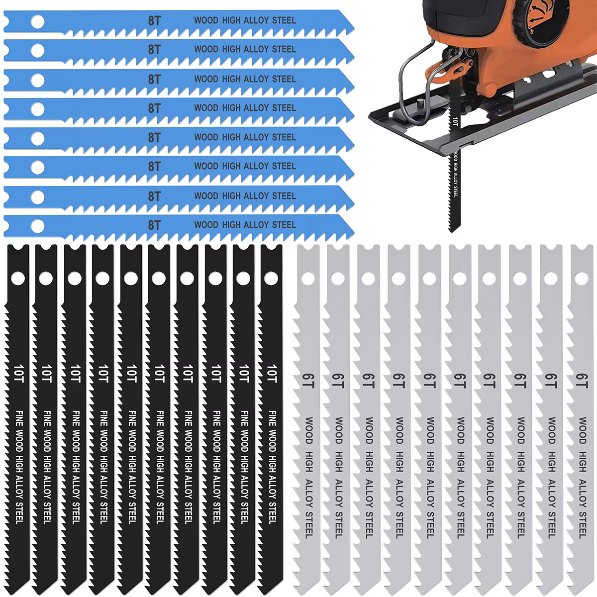 Jeu de lames de scie sauteuse 6T 8T 10T, 25 pièces, en acier à haute teneur en carbone, avec tige en