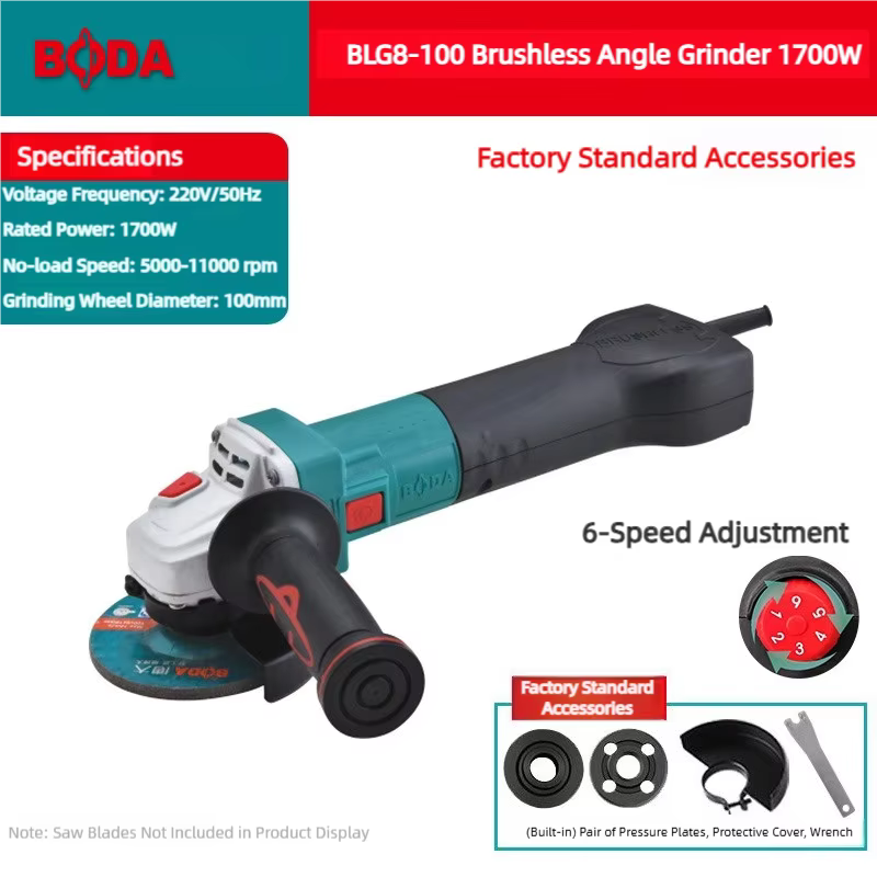  Moteur de meuleuse d'angle sans balais BODA 1700W avec système de refroidissement, coupe à 6 vites