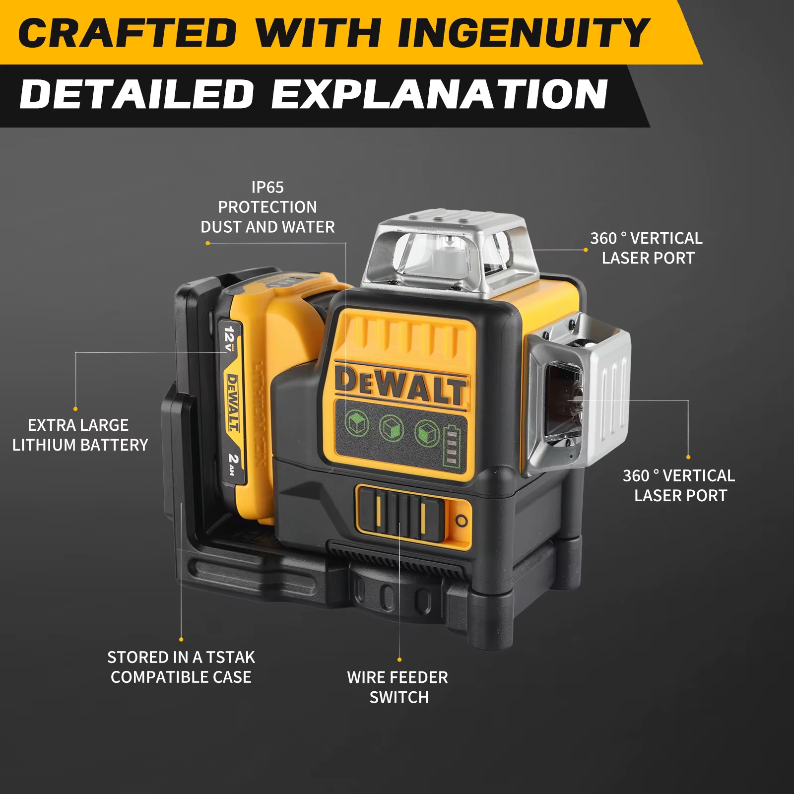 Niveau laser DEWALT DW089 12V Li-Ion 12 lignes 3×360 ° Faisceau vert autonivelant vertical et horizo