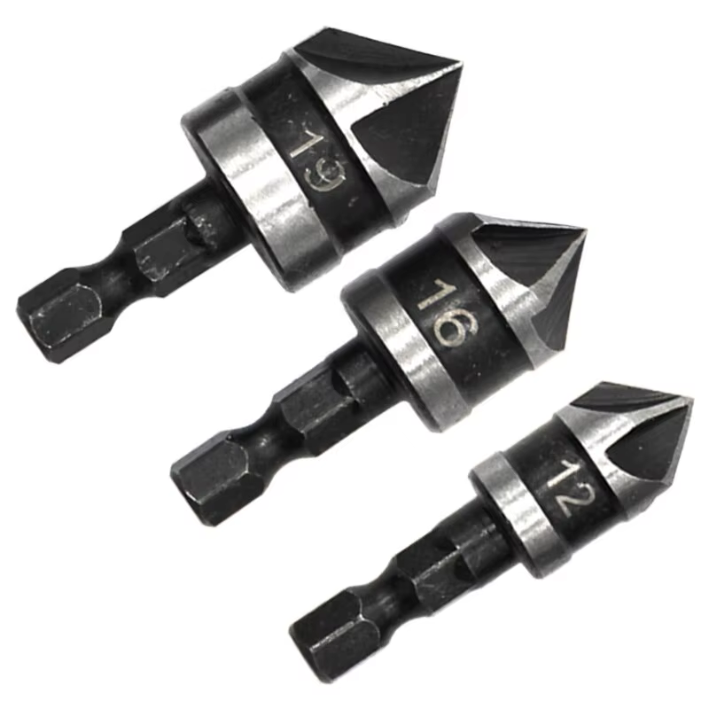 3PC Hexagonale Tige 90 Degrés Noir Cinq Lame Chanféreur 12/16/19mm Fraise Forage Bois Trou Ouvre Out