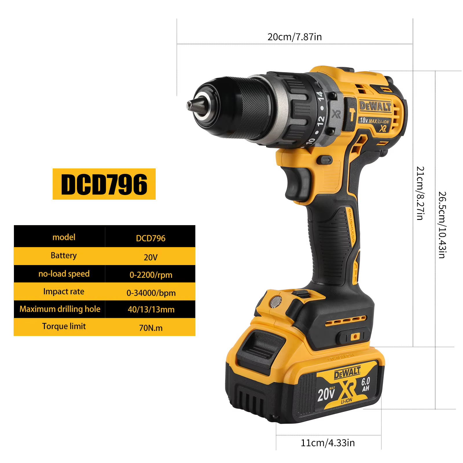 Dewalt DCD796 perceuse à percussion sans fil, perceuse compacte à entraînement sans balais, batterie