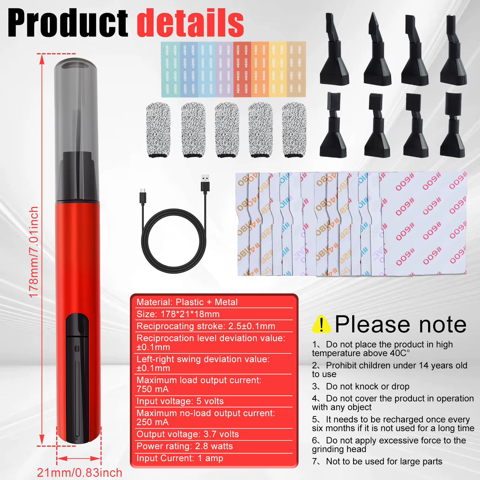 Stylo de ponçage électrique, Mini ponceuse Rechargeable par USB avec 8 têtes de ponçage, 3 vitesses 