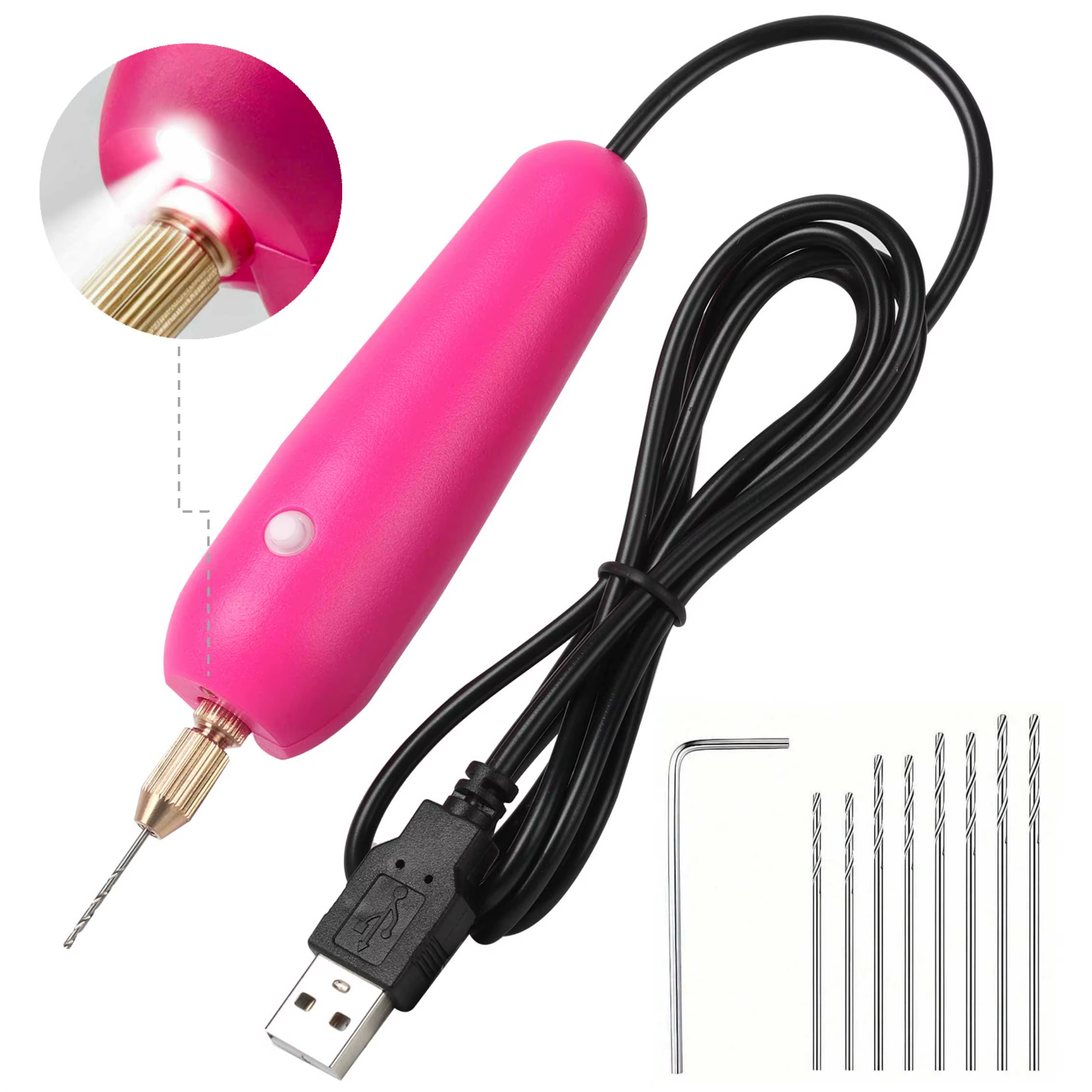 【Mini perceuse électrique】Mini perceuse électrique alimentée par USB avec lumière, comprend des fore