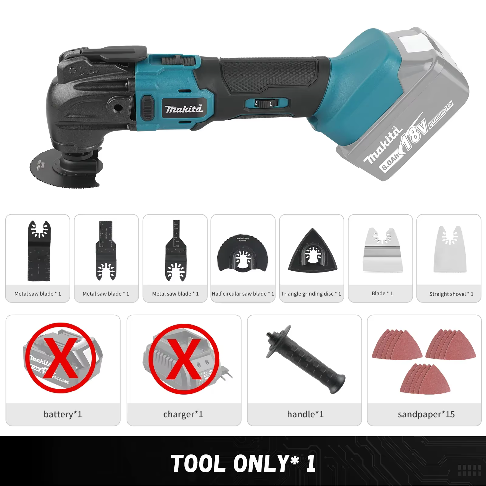 Outil électrique multifonctionnel Makita 18V, contrôle à 6 vitesses, compatible avec batterie Li-ion