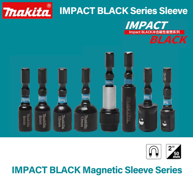Makita Impact – jeu d'embouts à manchon magnétique série noire, douille 6mm/8mm/10mm/13mm, Extension