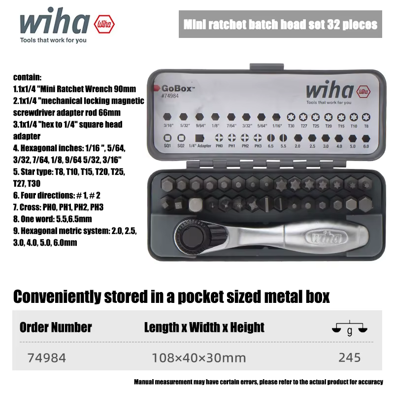 Wiha 32 pièces GoBox, jeu de clés à cliquet multifonctionnelles miniatures, outils de réparation pro