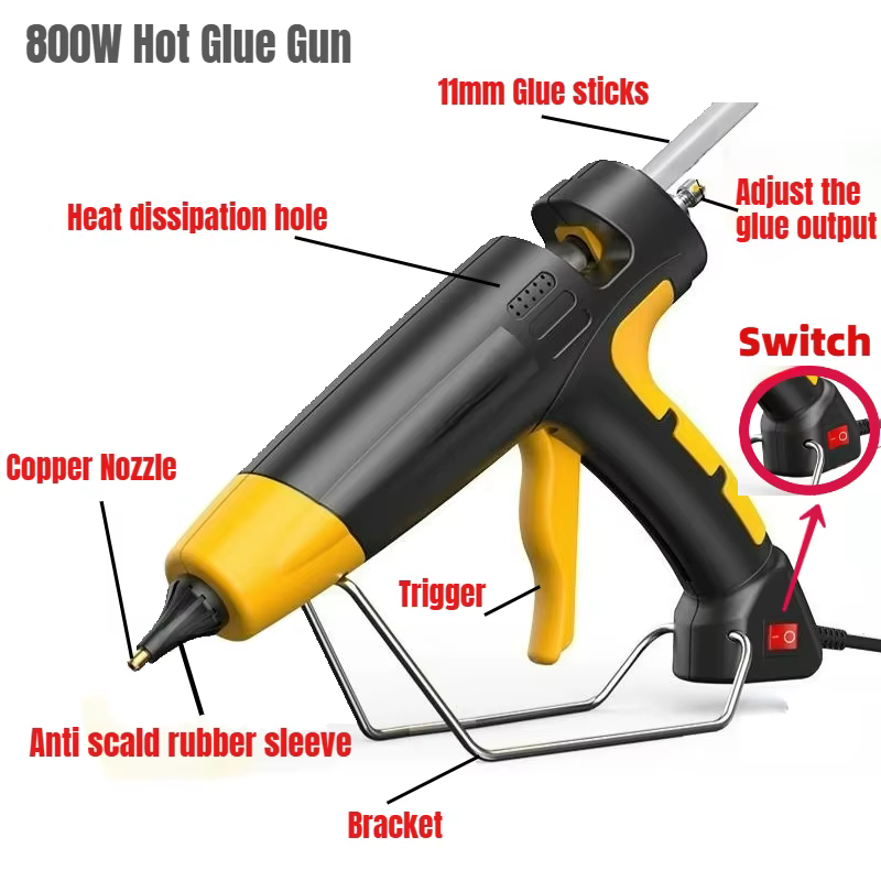 Pistolet à colle thermofusible professionnel 300w/800w avec bâtons de colle de 11mm, Mini pistolet e