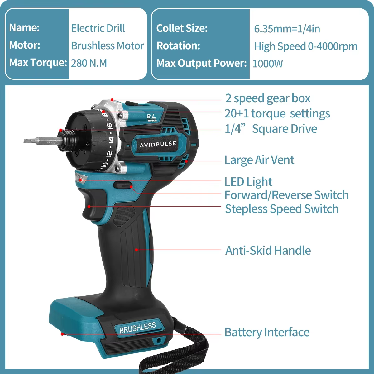 AvidPulse 20 + 1 couple 1/4 pouces tournevis électrique sans brosse sans fil 280N.m perceuse électri