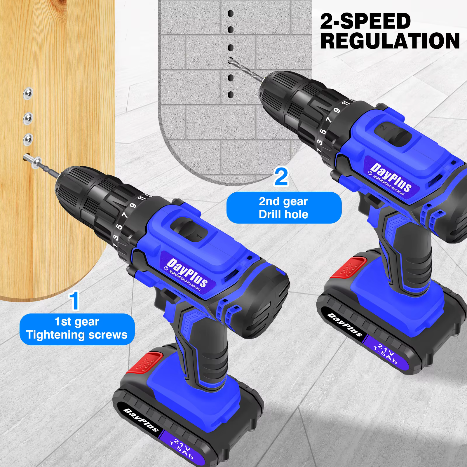 Kit de perceuse sans fil, Kit de tournevis électrique, perceuse combinée sans fil 45Nm, lampe de tra