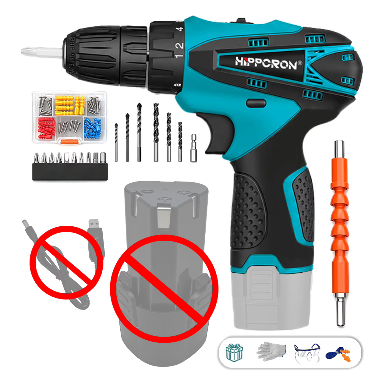 Perceuse électrique au lithium 12V Hippcron, outil à percussion sans fil, jeu de cliquet, tournevis 